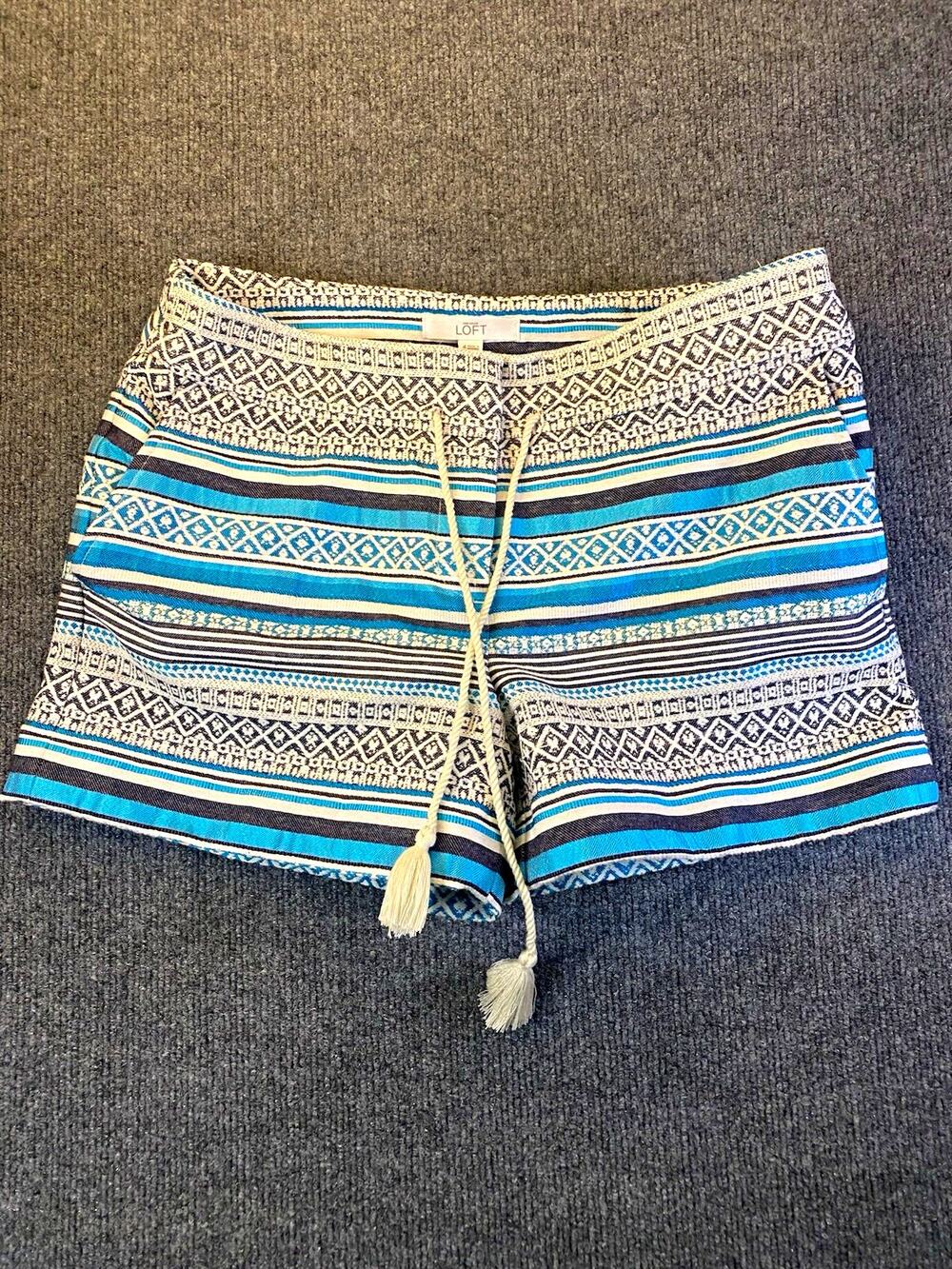 LOFT Geometric Drawstring Tassel Shorts Blue/White/Black Cotton Size 4